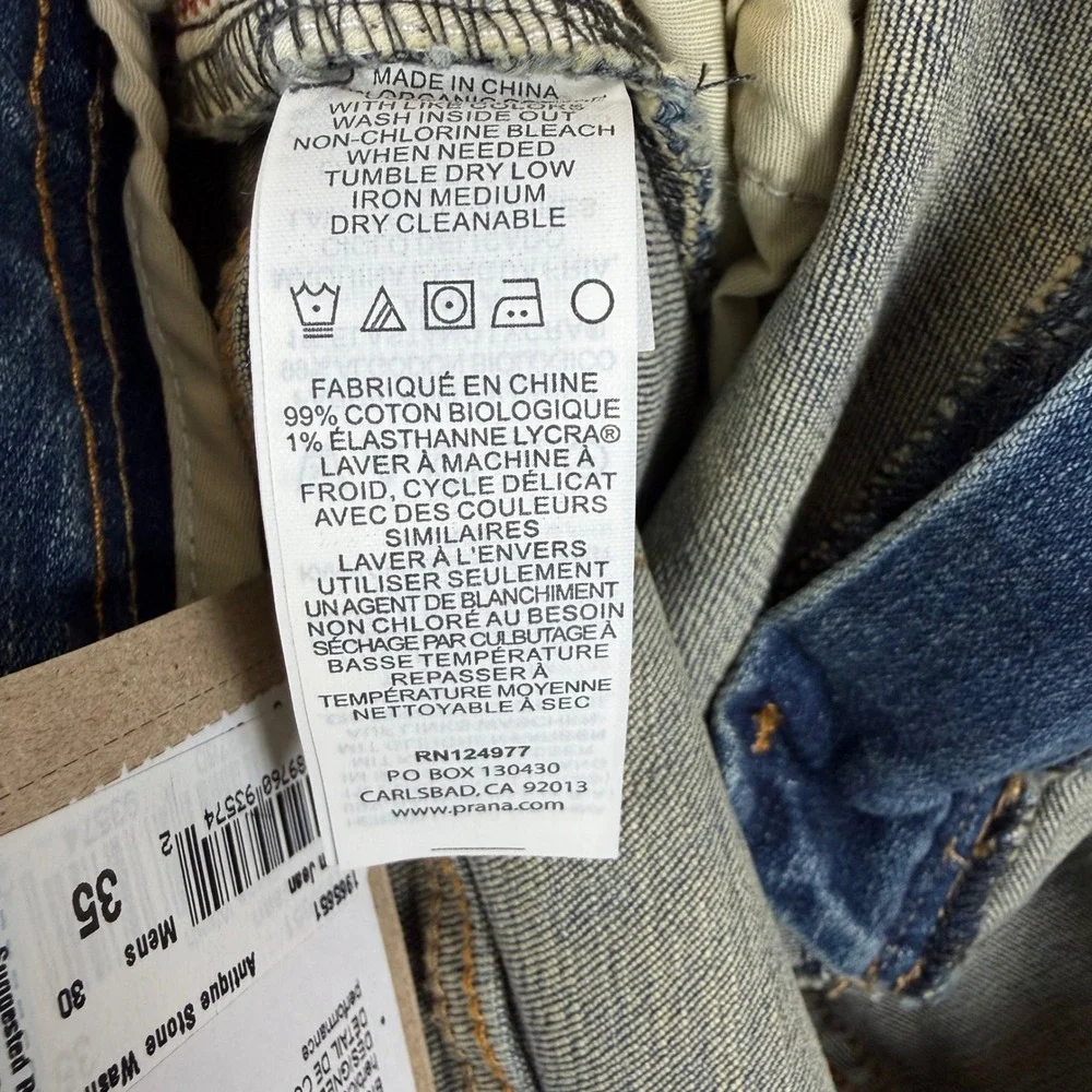 prAna Axiom Jean Mens 35x30 Antique Stone Wash Straight Leg Organic Cotton Denim